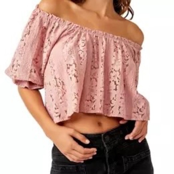 Free People Stacey Puff Sleeve Lace Crop Top, Elbow Sleeves, Rose, XS NWT - Picture 2 of 15